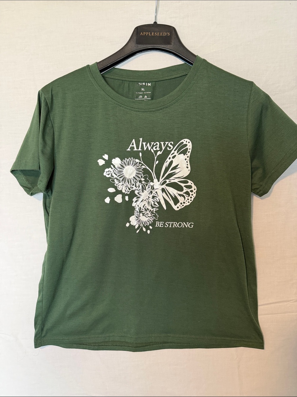 SHEIN Green Short Sleeve Tee with White Butterfly Floral Print